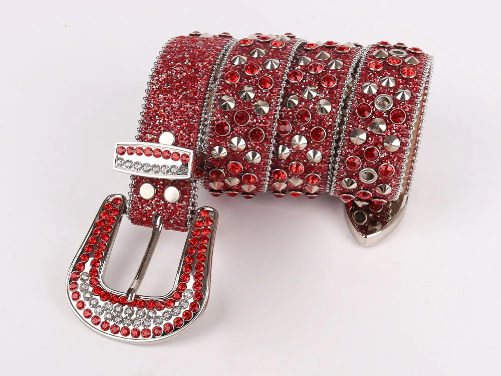 Red Diamond Belt Jeans Bling Large Silver Alloy Buckle Fashion Designer  Belts for Women High Quality Leather Ceinture Femme Luxe