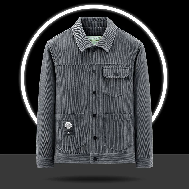 Men Corduroy Jacket Business Fashion Loose Lapel-up Spring Autumn Men Casual Cargo Jacket Solid Color Male Chaquetas Hombre