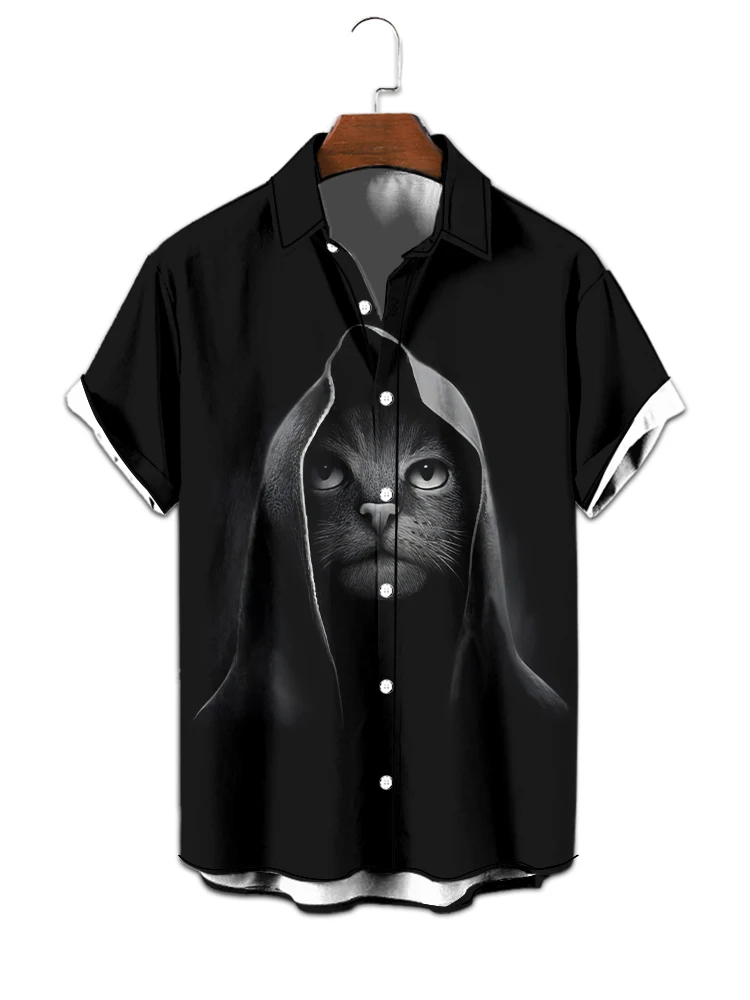 Description Picture 4 of itemCatman 3D digital printed summer short-sleeved shirt for men, personality loose lapel button design clothing, casual, fashion