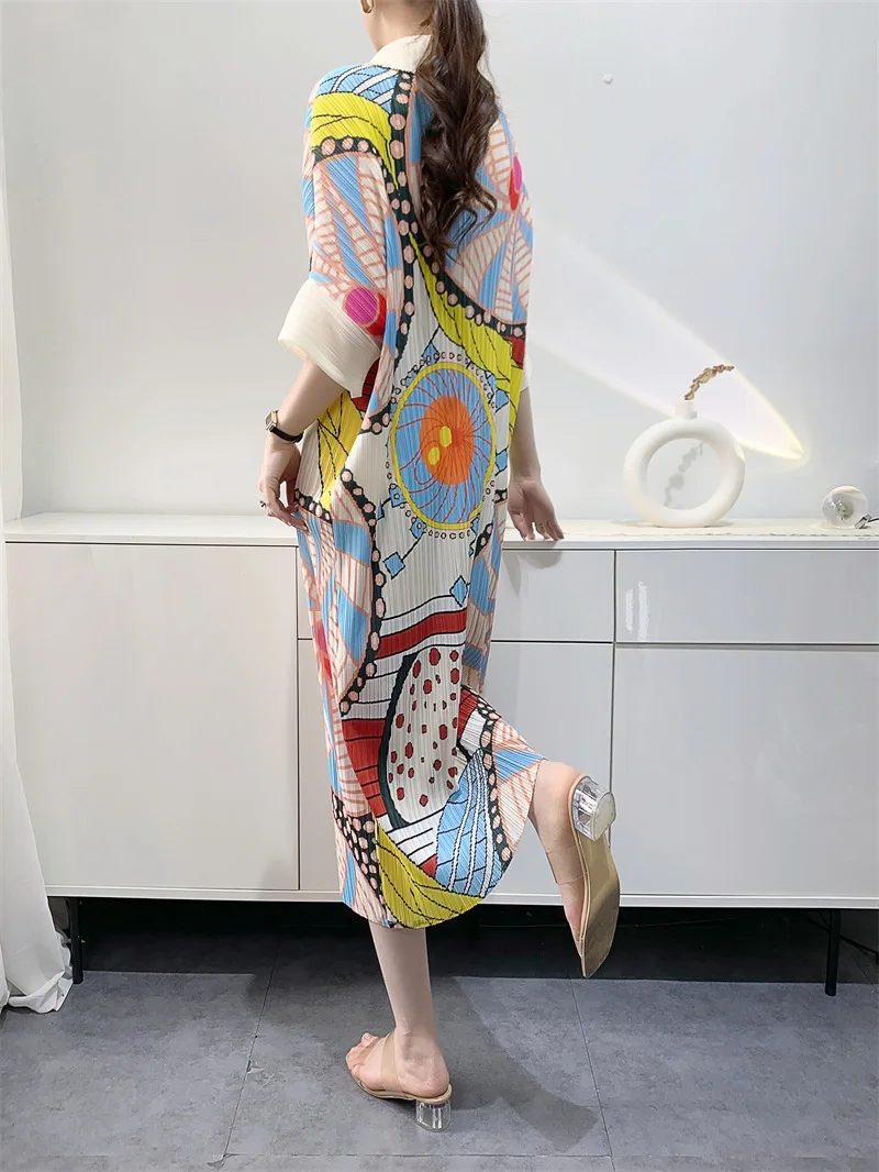 Miyake Pleated Women's Dresses Mid-length Printed Dresses Loose Plus Size Bat Sleeve Fashion Casual Skirts 2024 Early Spring New