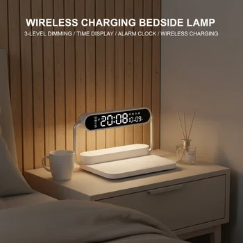 3-in-1 Wireless Charging Alarm Clock with Dimmable Touch Night Light, Modern LED Bedside Lamp & Desk Organizer 1