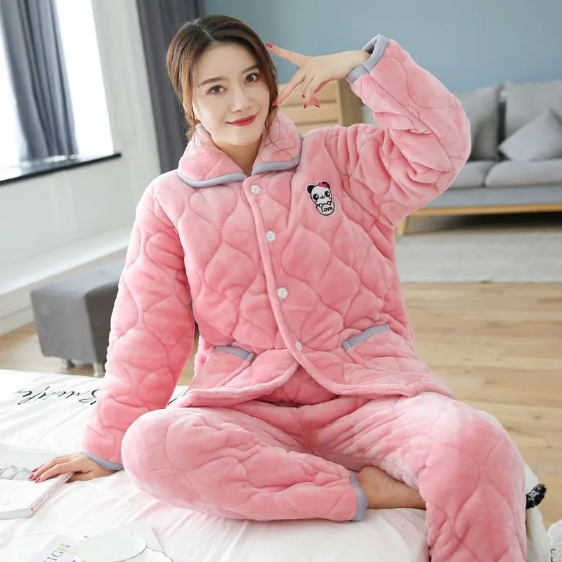 2023 New Pajama Women Winter Three-layer Thick Flannel Loungewear Cute Large Size Warm Middle-aged Cotton Warm Household Clothes
