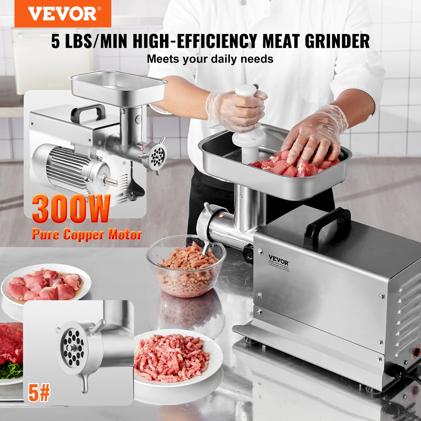 VEVOR Stainless Steel Commercial Meat Grinder, 5 Lbs/Min Capacity Electric Meat Grinders w/ Blade, Grinding Plate, Sausage Maker 2