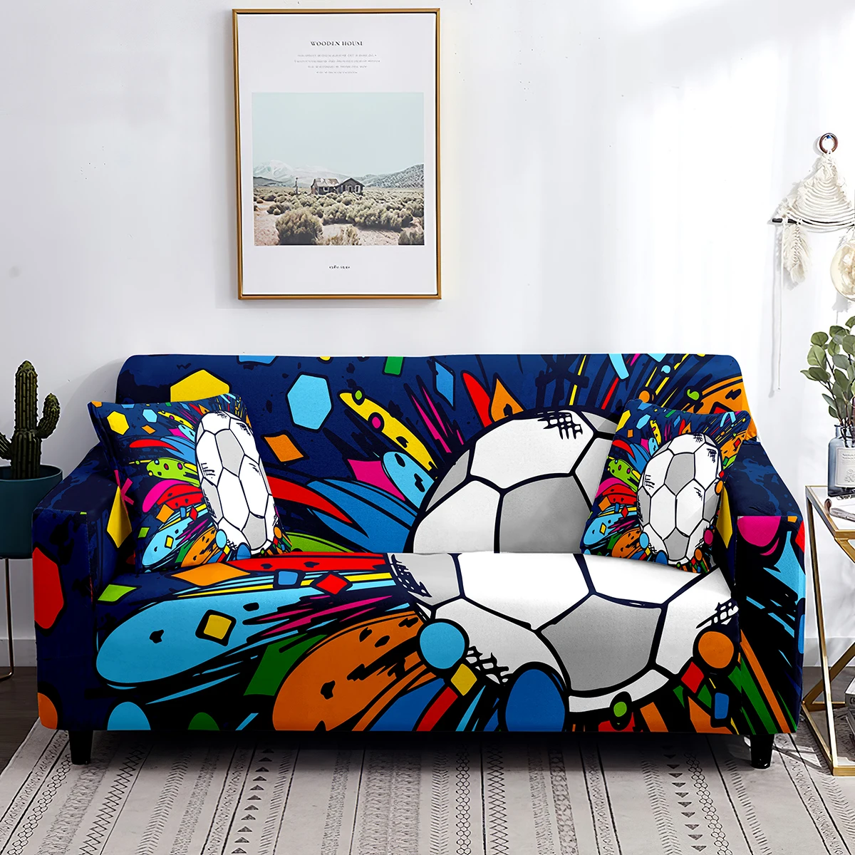 

Soccer Sofa Cover Sports Passion Colorful Football Graffiti Stretch Couch Cover Decorative Furniture Protector for Living Room