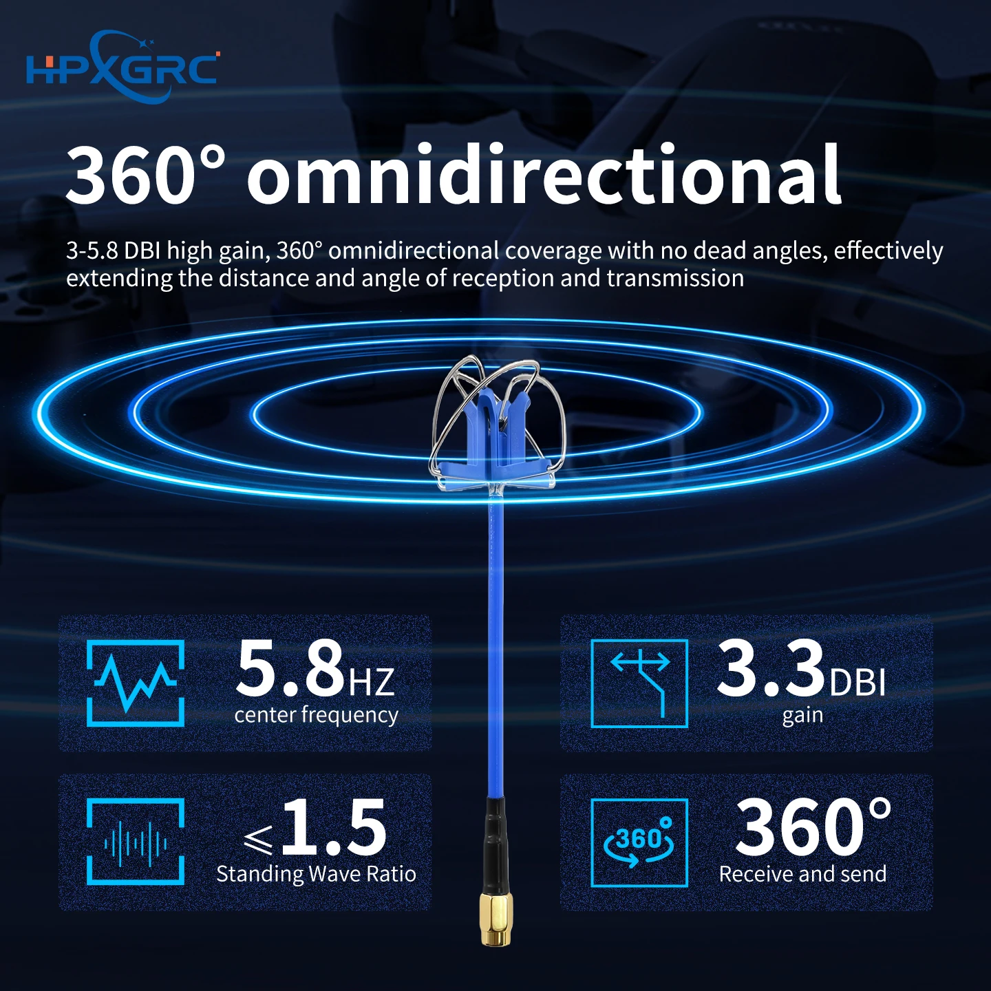 Antenne FPV 4.9G/5.8G RHCP RPSMA/SMA pour Drone
