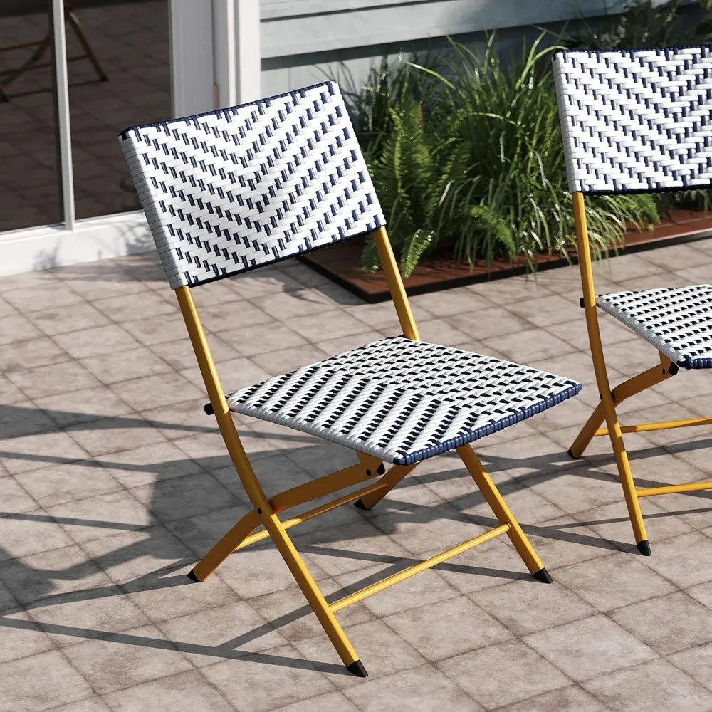 Ciel Two Piece Folding French Bistro Chairs - Navy and White PE Rattan - Natural Finish Metal Frames - Indoor/Outd 4