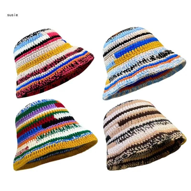 

Ladies Crochet Stripe Pattern Fisherman Hat Wide Brim Bucket Hat Windproof Cap