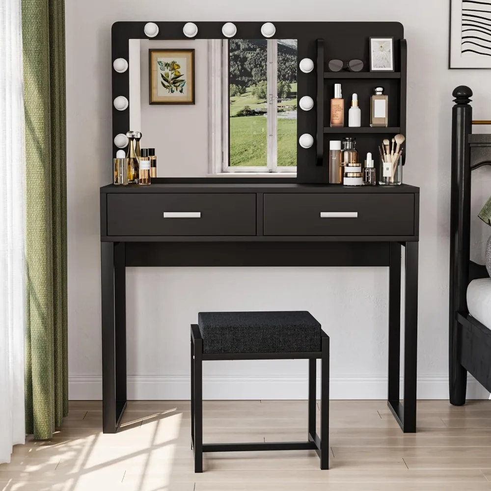 

Semiocthome Vanity Desk with Mirror and 10 LED Lights, 39.4"W Makeup Desk with 2 Big Drawers and Side Shelves for Storage