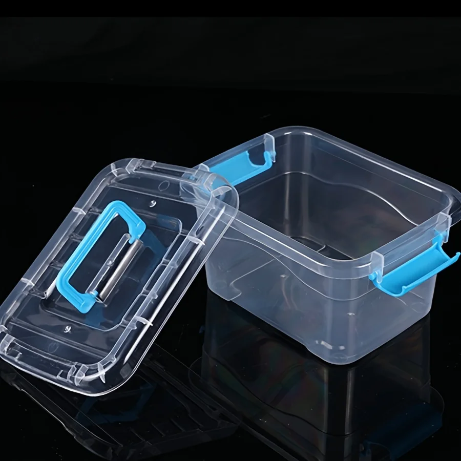 Transparent storage box displaying desk items