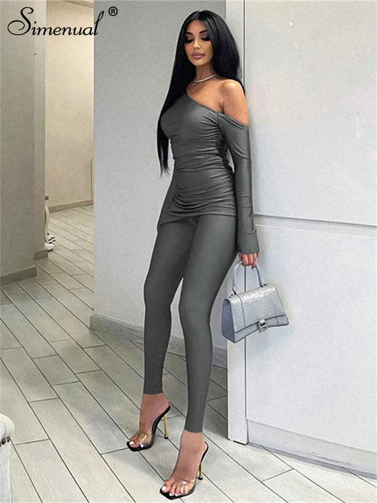 

Simenual Ladies Elegant Fashion Co Ord Suits Sexy Oblique Shoulder Pleat Tops Skinny Pants Casual Streetwear Y2K Trim 2 Pcs Sets