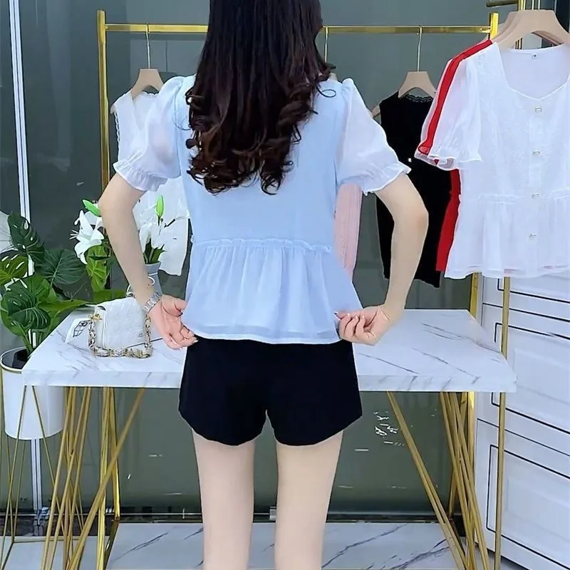 여성용 시폰 블라우스, 우아한 스플라이스 단추, 단색 스퀘어 칼라, 반팔 레이스 자카드 풀오버 셔츠, 여름 신상 패션