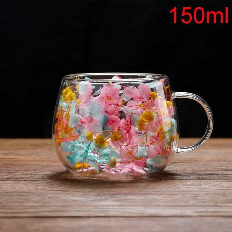 Elegant Double-Layer Glass Cup with Dried Flower Embellishment, Heat-Resistant