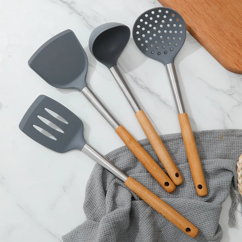 Kitchen Utensils Silicone Wooden Handle Non Stick Pot Kitchenware Cooking Set Soup Spoon Pasta Colander Shovel