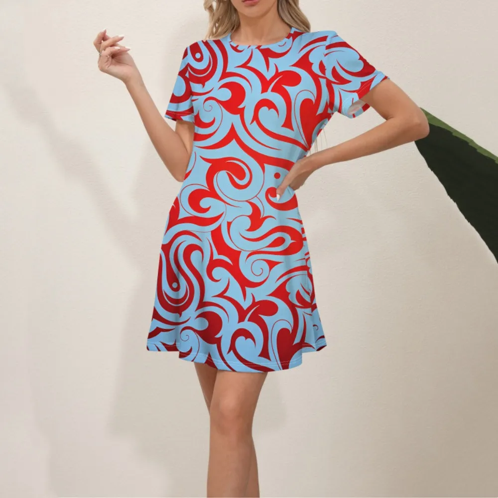 

Elegant Short Sleeve Pleated Swing Round Neck Retro Patterns Print Loose Dress Women Casual Mini Beach T Shirt Dress Vestidos