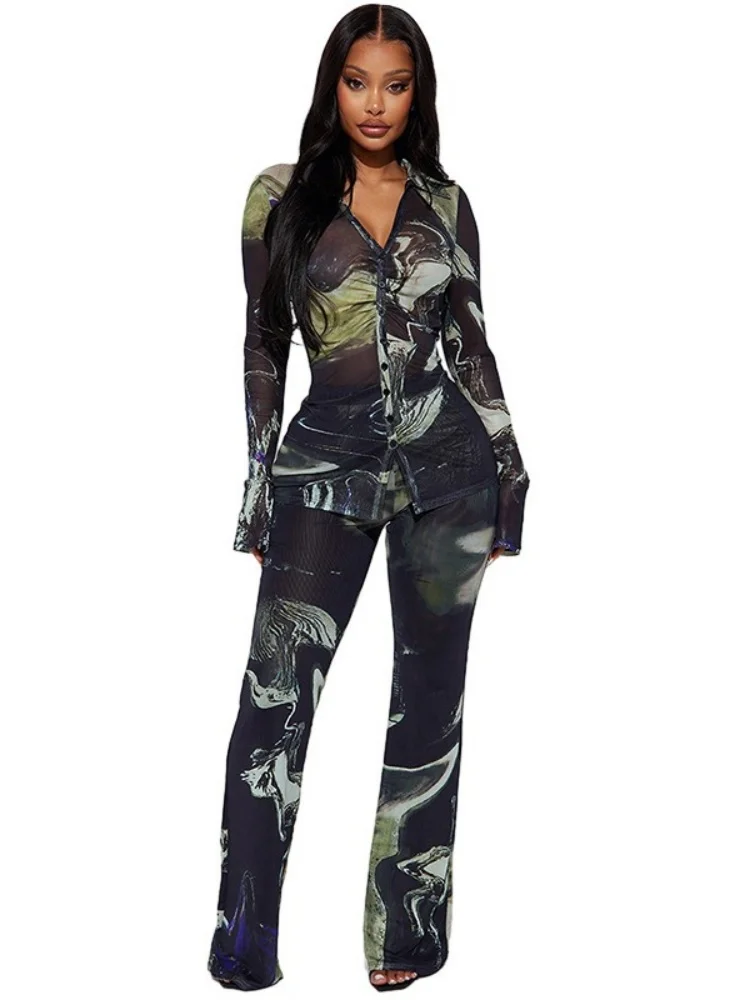 Wmstar Two Piece Set Women Wholesale of Casual Clothing with Printed Lapel and Pleated Buttons Selling Well Europe America