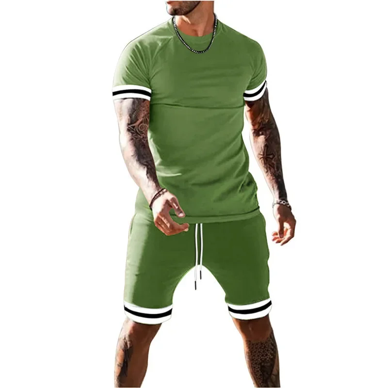 Football Sports Set Men Round Neck Short-sleeved Sports Suit Casual Outdoor Fitness Big Size Color Matching Two-piece Set
