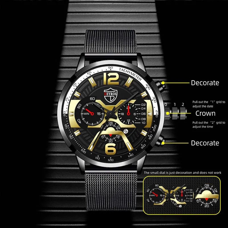 

Business Quartz Men's Watch 2022 DEYROS Popular Gold Fashion Casual Men's Stainless Steel Calendar Watch Men's Quality