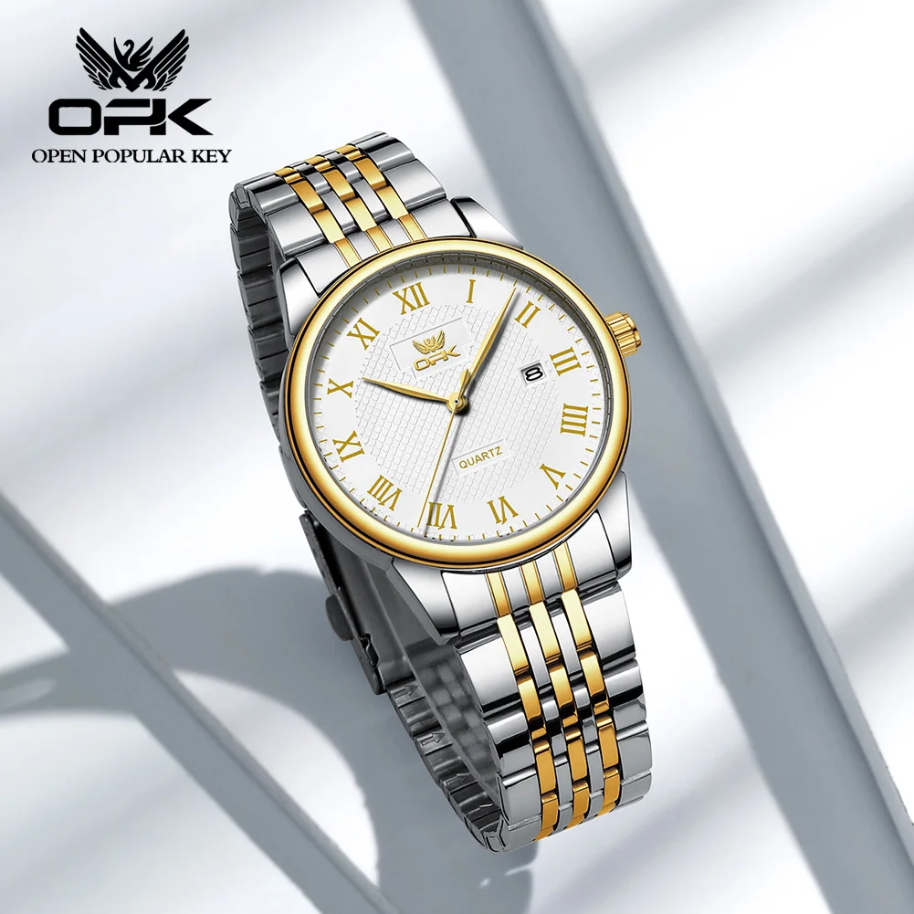 

OPK Men's Quartz Watch Fashion Business Roman Digital Dial Stainless Steel Waterproof Calendar Watch Luxury Brand Men's Watch