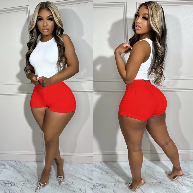 Women Solid Skinny Shorts 2023 Summer High Waist Stretchy Workout Activewear Bottoms Sexy Night Club Party Cargo Capris