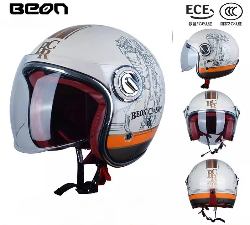 thumbnail image 1 of Casco de motocicleta Beon retro de doble lente, medio casco abierto, capacete para mujeres y hombres, certificación DOT ECE, casco de moto para Harley, 1 of 5