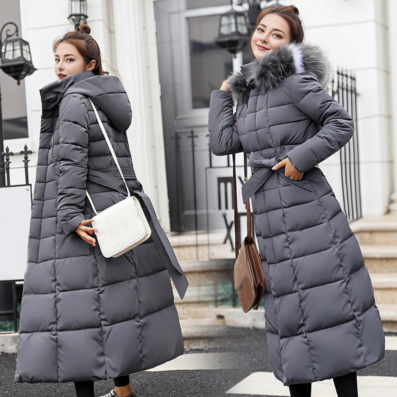 Winter Women Long Parkas Solid Colo Neck Hooded Cotton Jacket Pockets Windproof Zipper Closure Padded Outwear