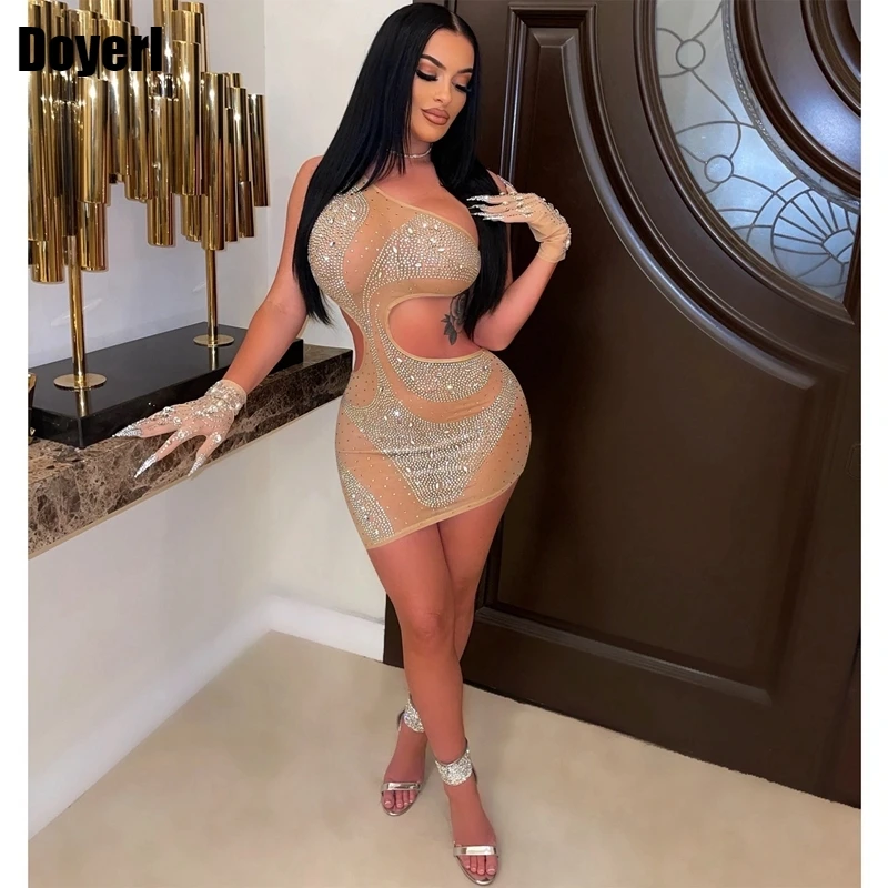 

Night Party Sexy Dress Women Elegant Luxury Sparkly Rhinestone Birthday Dress for Women Cut out Sheer Summer Bodycon Club Dress