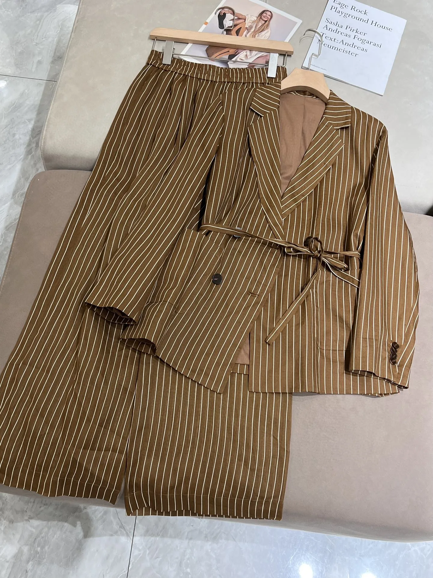 

Spring summer striped 100% ramie cotton blend casual pant suit