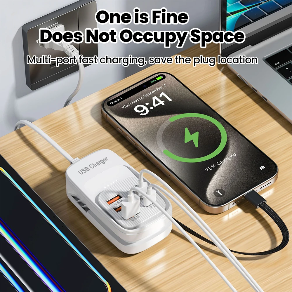 Multi-Port USB Charging Station with Type-C Cable and Power Strip Adapter