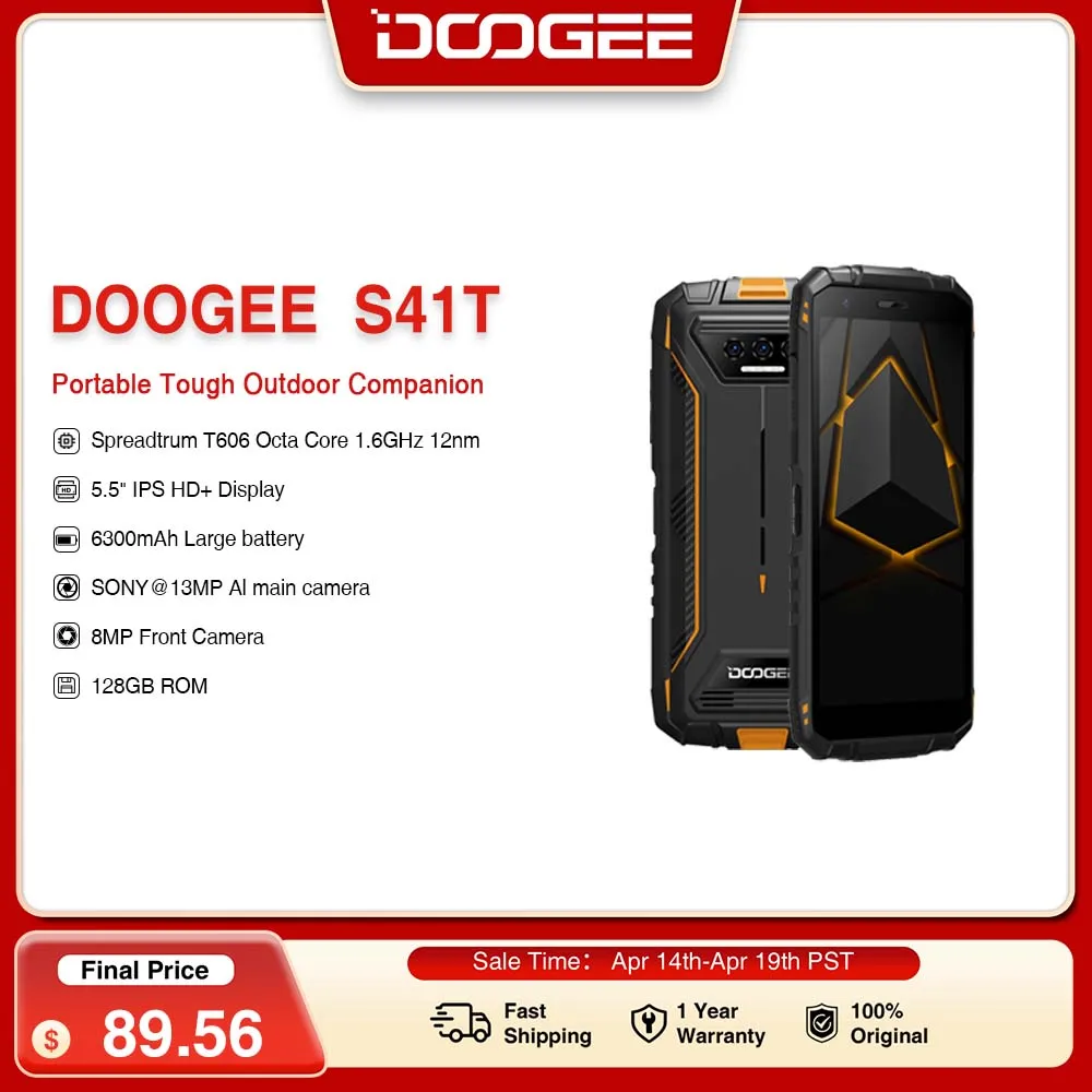 DOOGEE S41T Rugged Phone 5.5" IPS HD 13MP AI Triple Camera 8GB RAM +64G ROM Quad Core 6300mAh Android 13 Phone