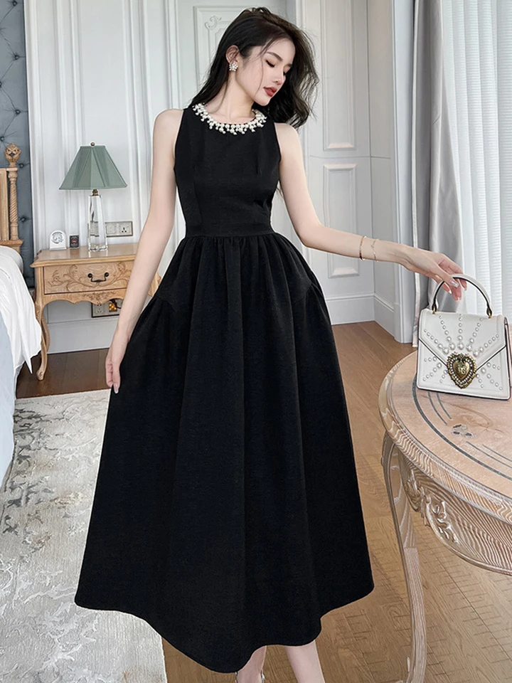 Sweet Elegant Black Dress for Women Beaded Pearl High Waist A-line  