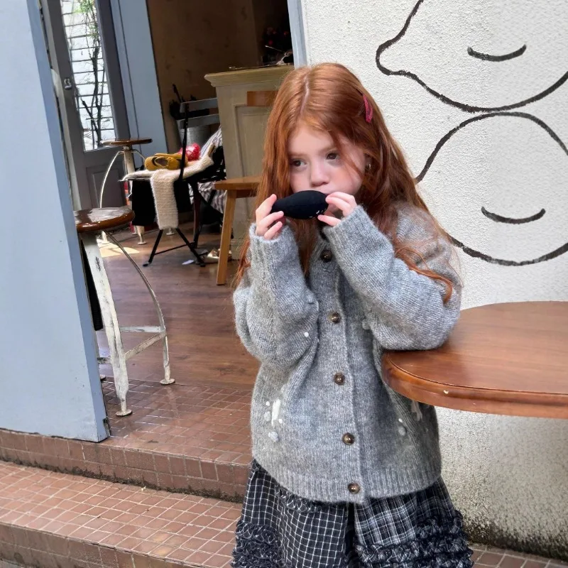 2025 봄/가을/겨울 여아 신상 고급 삼차원 플라워 가디건 스웨터 코트