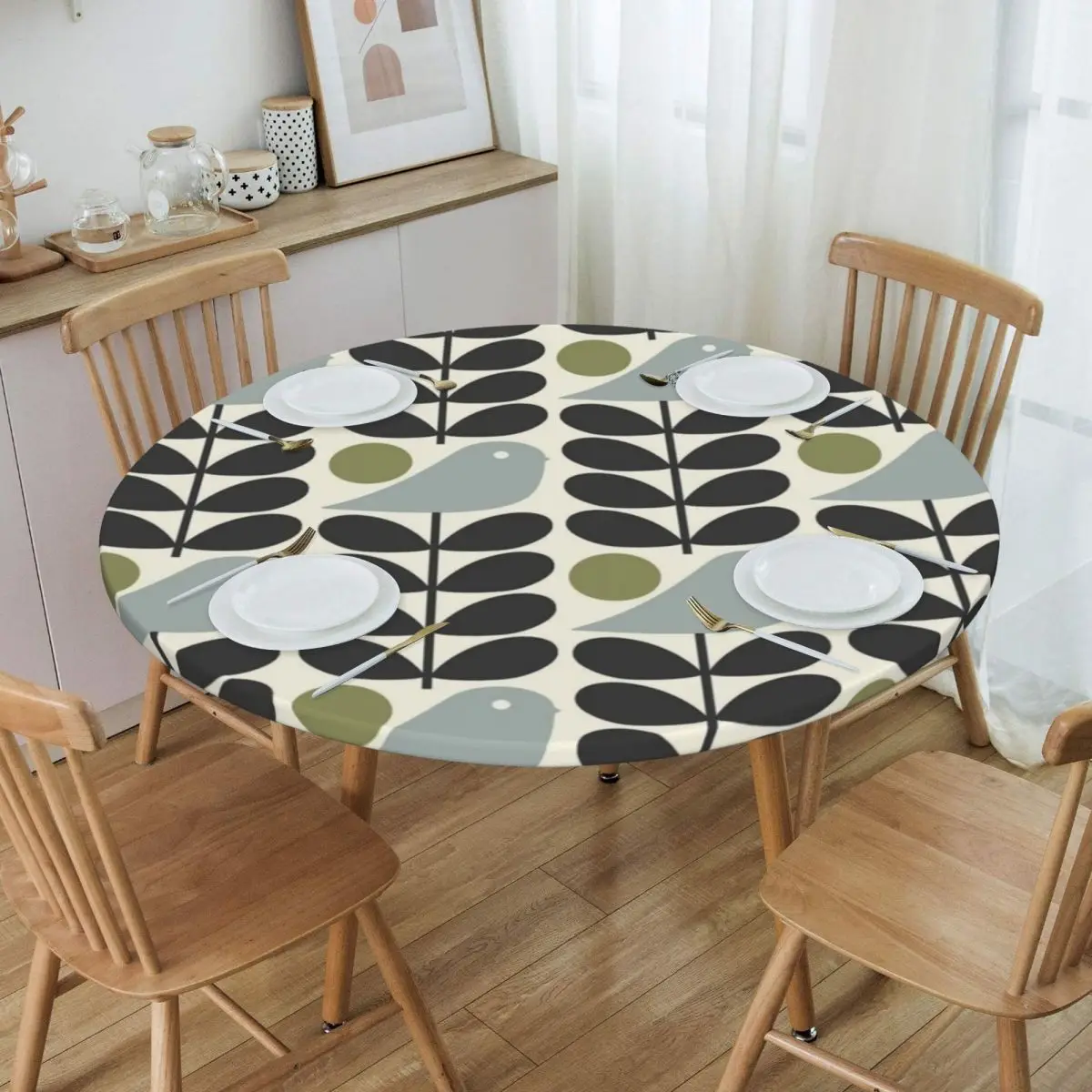 

Multi Stem Bird Tablecloth Round Elastic Oilproof Orla Kiely Scandinavian Table Cover Cloth for Kitchen