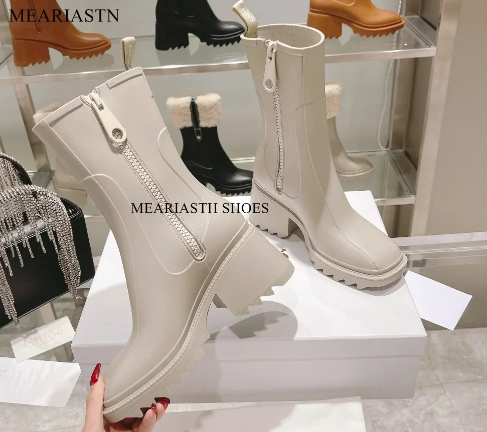 

Chunky High Heel Mid Calf Rain Boots Women Thick Sole Square Toe Rubber Waterproof Autumn Shoes Ladies Solid Color Short Boots