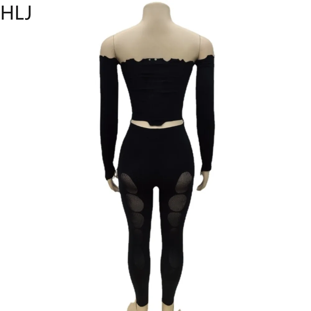 HLJ Sexy Hollow Hole Off Shoulder Skinny Pants Two Piece Sets Women Long Sleeve Crop Top + Pants Outfits Female Nightclub Suits