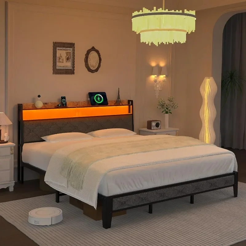 ZHENXIANG King Size Bed Frame, Storage Headboard with Charging Station,Platform Bed Frame with RGB Lights,Solid and Stable