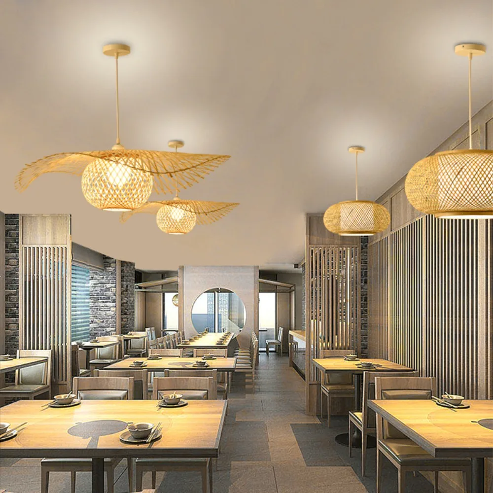 Rattan Woven Chandelier Handmade Weaving Bamboo Lamp Shade Rattan Hanging Pendant Light for Home Decoration