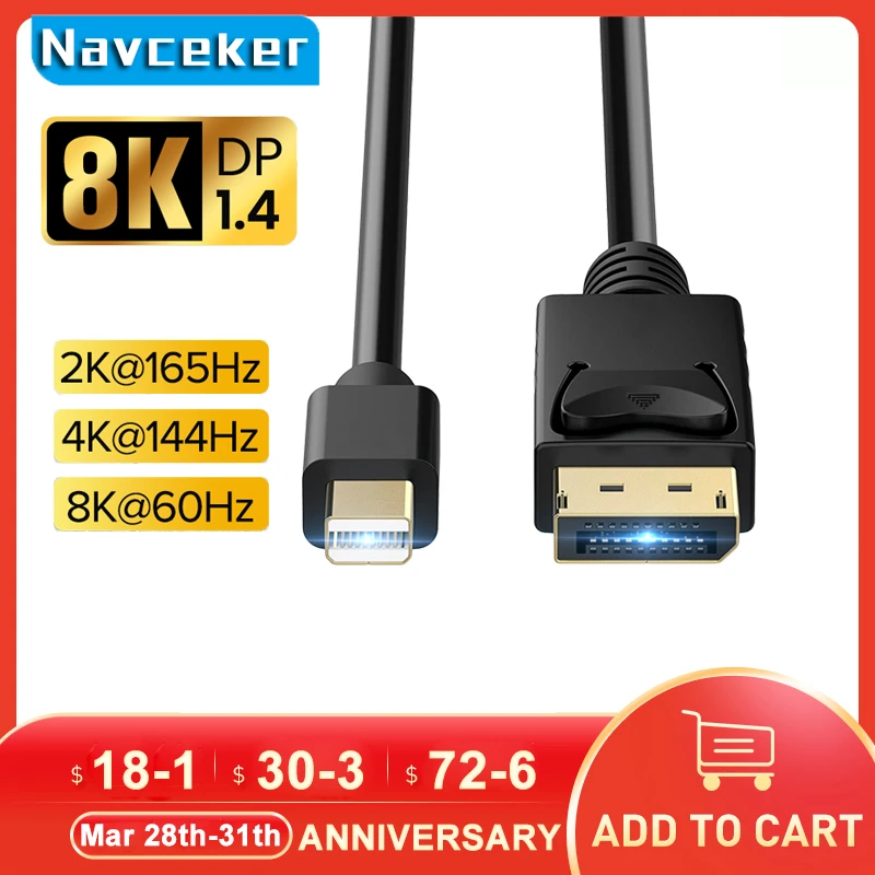 Navceker 4K @ 144Hz Thunderbolt Mini Displayport A Displayport 1.4 Cavo Adattatore Mini Dp A Dp Cavo Convertitore Dp Cavo Macbook