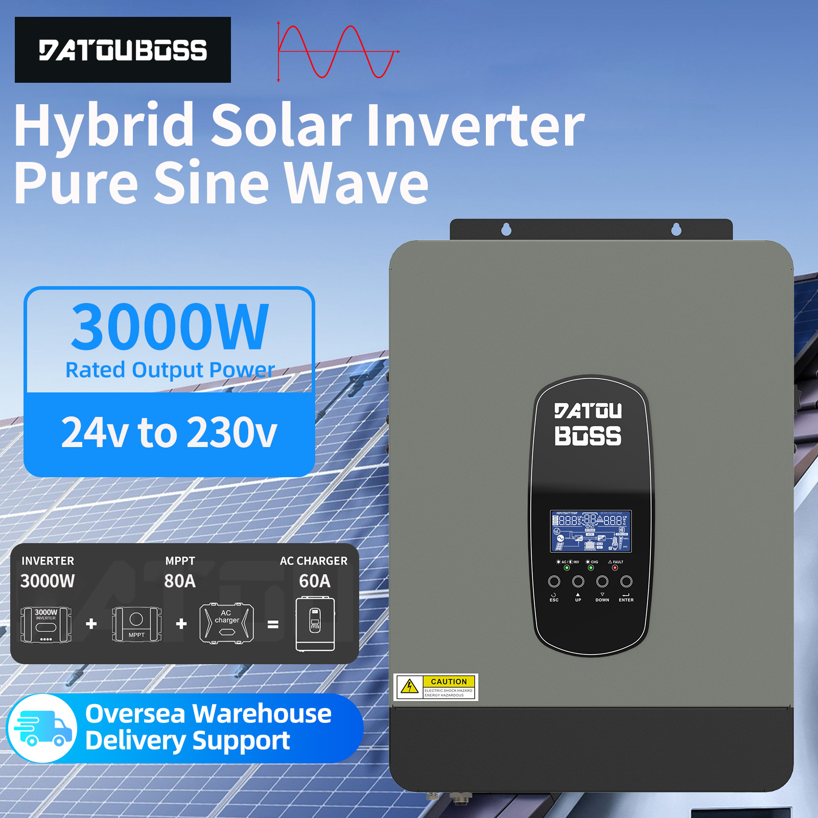 DATOUBOSS Solar Hybrid Inverter 24V Power Supply 3000W Output 220-240V Pure Sine Wave Band MPPT Battery Charging Pure Sine Wave