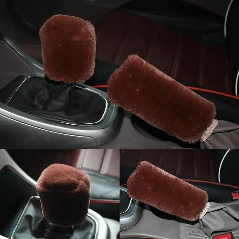 New Soft Warm Long Wool Fuzzy Steering Wheel Cover Handbrake Cover Gear Covers Car Accessory Sheep Fur Plush Protector Cover