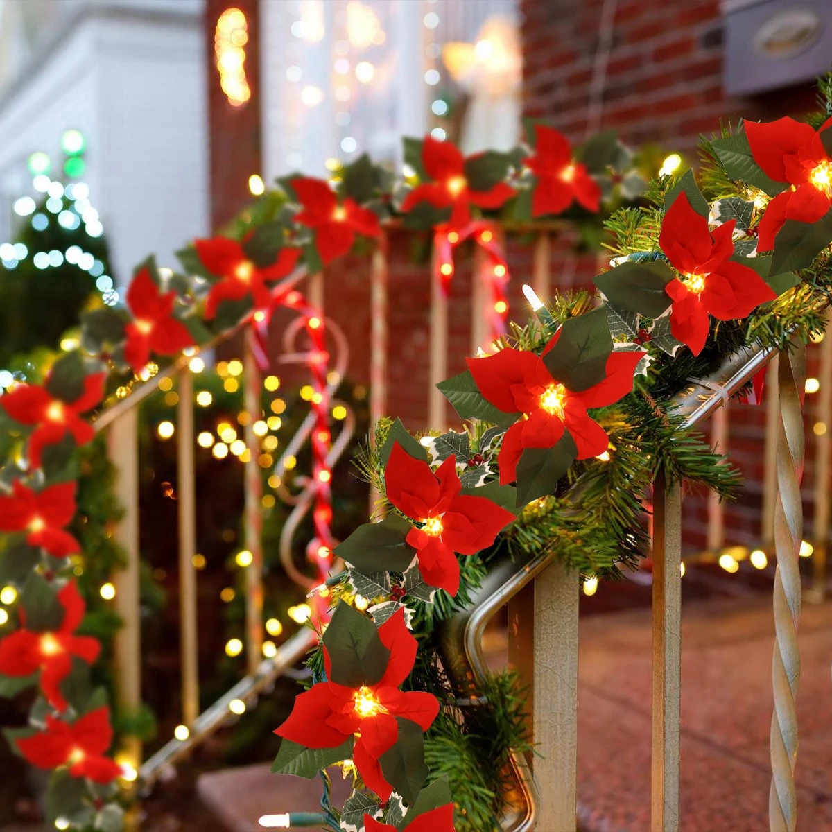 2M10LED Christmas Garland Lighting Strings Artificial Red Flowers Holly Leaves For Home 2024 Xmas Ornament New Year Gifts 2025_voghion.com