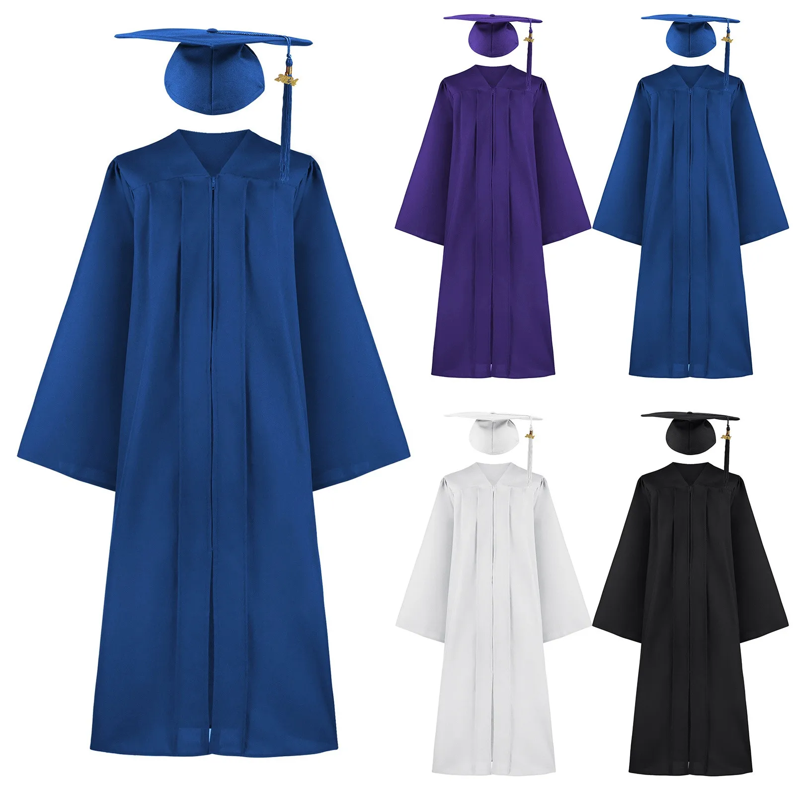 

2024 High School Bachelor Academic Dress Student Graduation Gown Hat Tassel Zipper V Neck Loose Graduation Costume Bachelor Gown