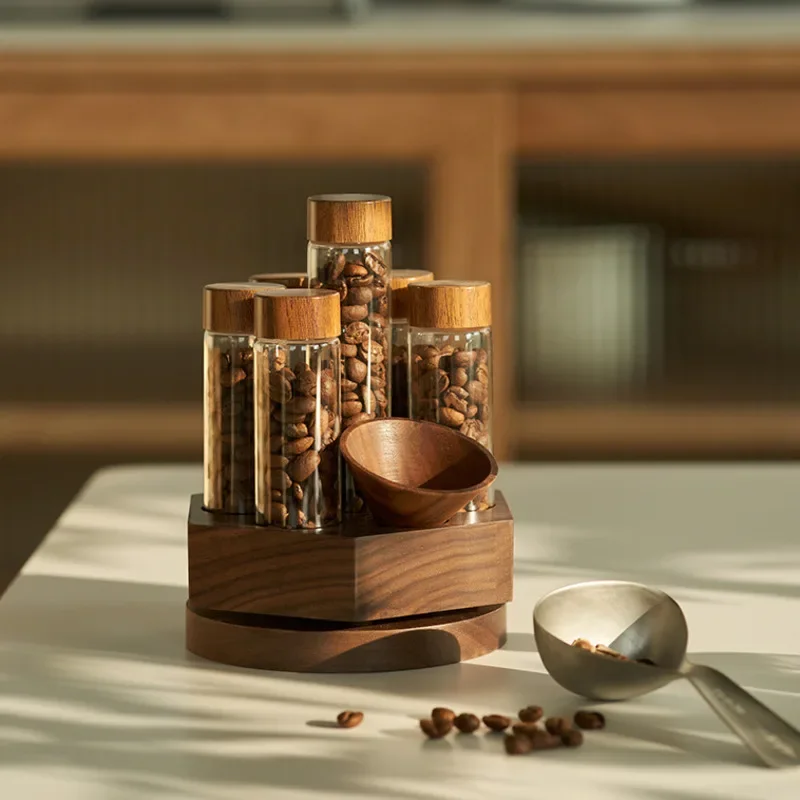 Walnut Glass Display Rack Coffee Bean Test Tube Sorting Bottle Miscellaneous Grain Sealed Jar Space Saving Kitchen Storage 3