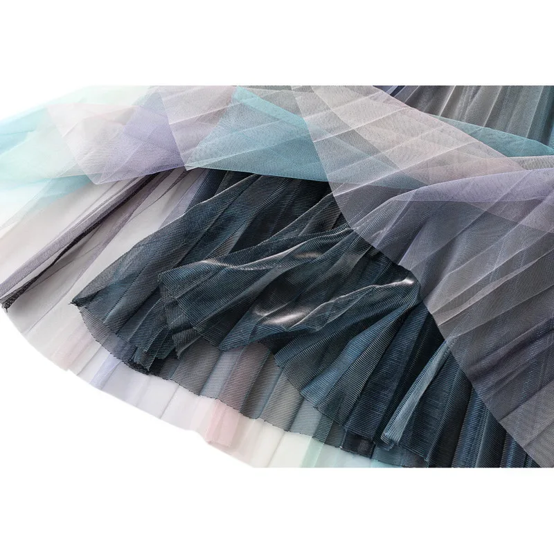 New In Women's High Waist Mesh Gradient Color Mid Long Skirt Female Spring Summer Korean Sweet Style Elegant Tulle Skirts 5
