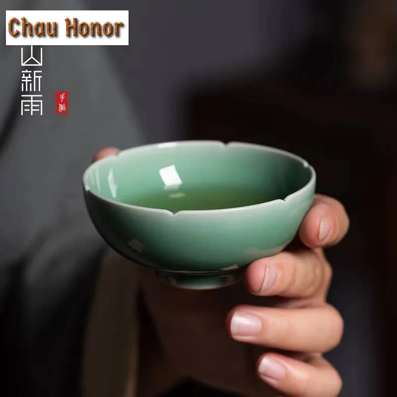90ML Handmade Longquan Celadon Teacup Plum Blossom Chazhan Personal Master Cup Puer Tea Bowl Mug Kung Fu Tea Ceremony Collection