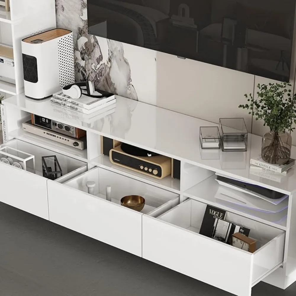 Entertainment Center with Bookshelves,High Gloss Wall Unit TV Stand,Media Center with Shelves and Drawers, Doors,for Living Room 4