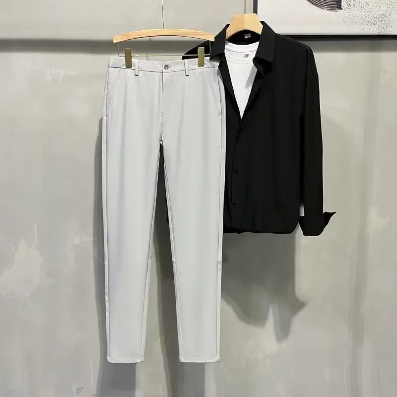 thumbnail image 1 of Pantalones de verano ajustados, elásticos, drapeados, recortados, fluidos, para hombre, para negocios, elegantes, 1 of 5
