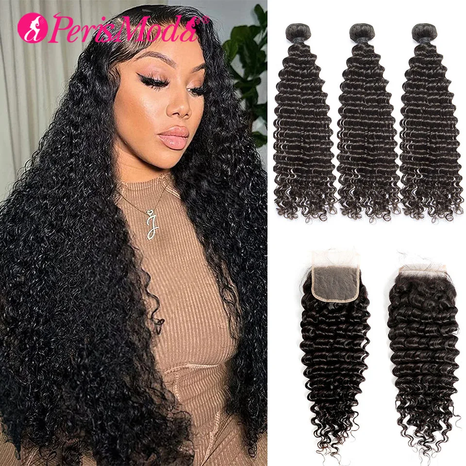 

Deep Wave Bundles with Closure 32 inch Peruvian Hair Weave Bundles with Frontal 13x4 Transparent Lace Front Remy Hair Extensions