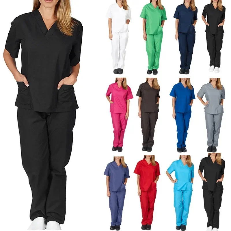 European and American Solid Color Pocket V-neck Nursing Work Uniform Protective Clothing Nurse Uniform Two-piece Suit nurse uniform suits work uniform sets