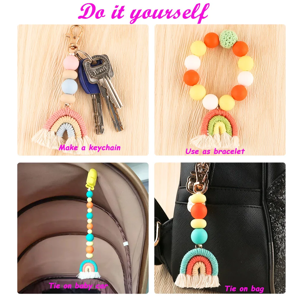 Teething Beads 20/50/100Pcs Handmade Woven Cotton Rope Rainbow Tassels Bead Boho Style Pendants Rainbow Keychain Jewelry Making Accessories