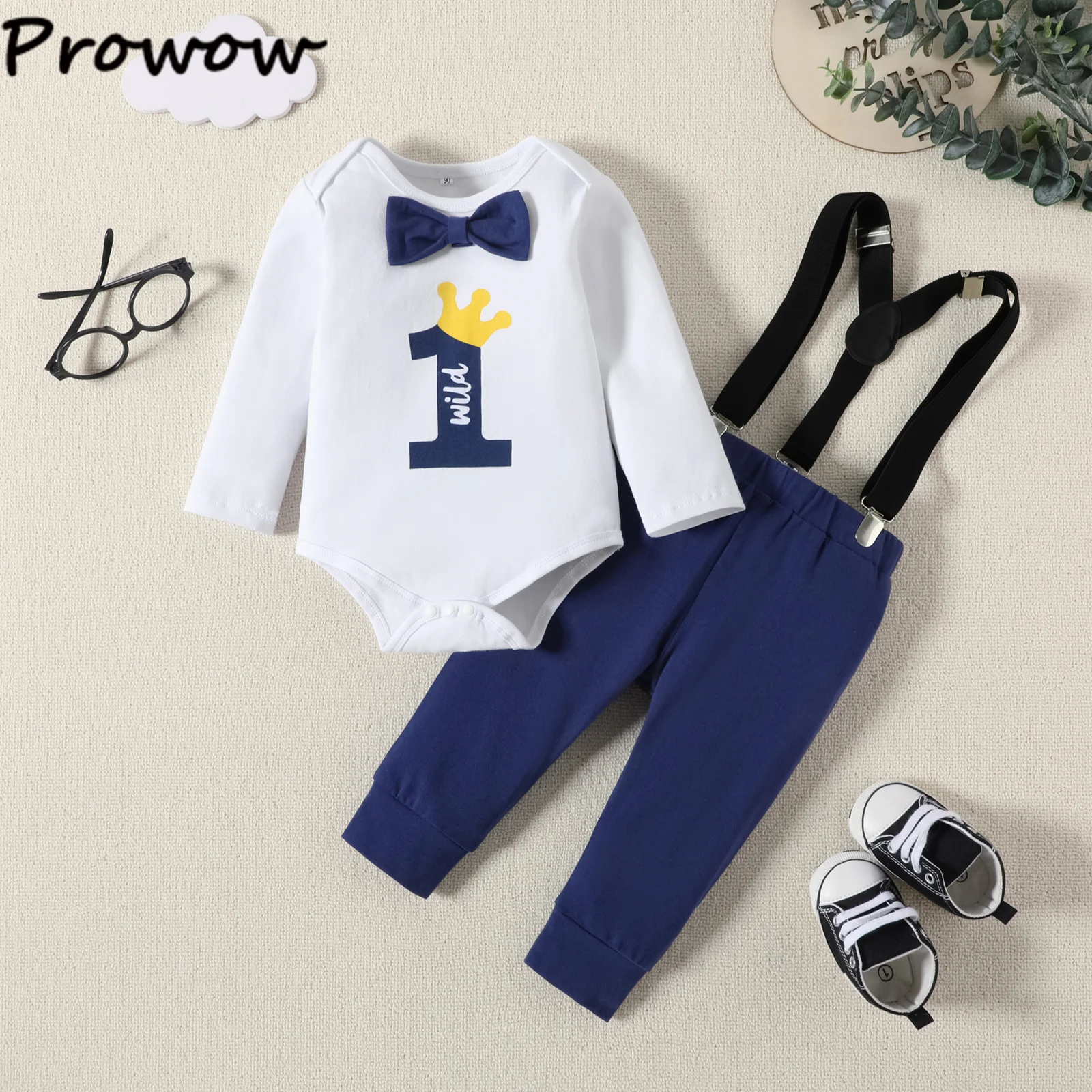 Prowow 첫 번째 생일 소년 의상, 레터 One 바디 수트 및 서스펜더 작업복, 첫 번째 생일  소년 옷, 0-18M